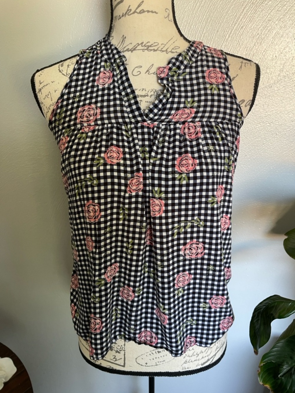 Eva Castillo White Gingham Floral Sleeveless Blouse Size Small